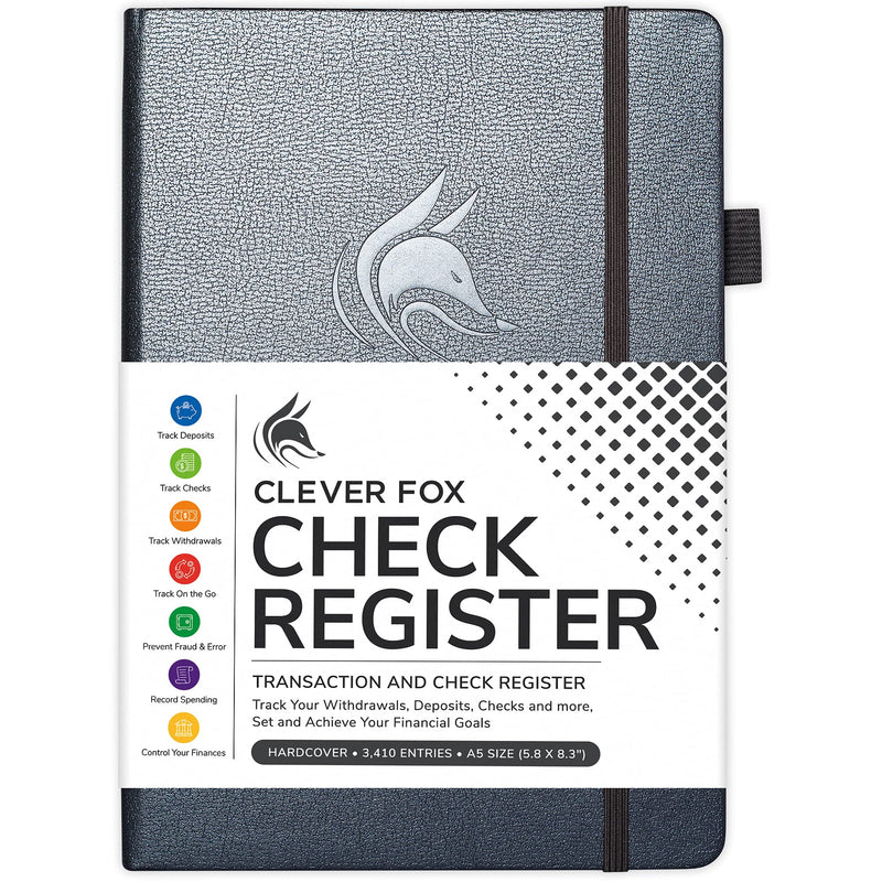 [Australia - AusPower] - Clever Fox Check Register – Deluxe Checkbook Log with Check & Transaction Registers, Bank Account Register Booklets for Personal and Work Use, A5 Hardcover - Mystic Grey A5 (5.8'' x 8.3'') 