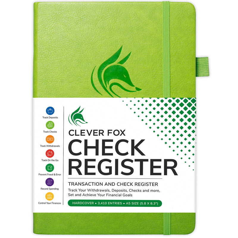 [Australia - AusPower] - Clever Fox Check Register – Deluxe Checkbook Log with Check & Transaction Registers, Bank Account Register Booklets for Personal and Work Use, A5 Hardcover - Green A5 (5.8'' x 8.3'') 