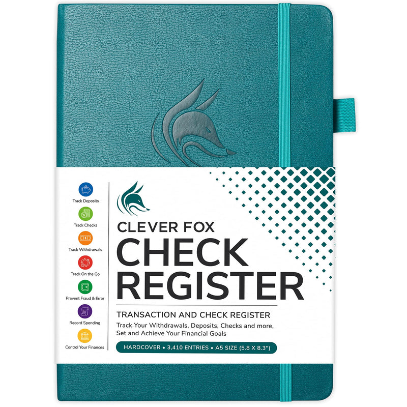 [Australia - AusPower] - Clever Fox Check Register – Deluxe Checkbook Log with Check & Transaction Registers, Bank Account Register Booklets for Personal and Work Use, A5 Hardcover - Dark Teal A5 (5.8'' x 8.3'') 
