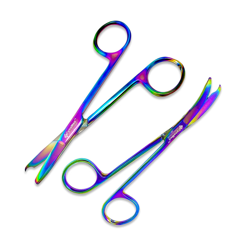 [Australia - AusPower] - Cynamed Set of 2 Suture Stitch Scissors with Multicolor/Rainbow Titanium Coating - Premium Quality Instrument- Delicate Hook - Perfect for Suture Removal, First Aid, EMS Training (Straight and Curved) 