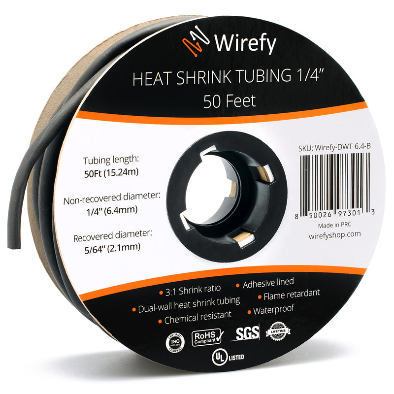 [Australia - AusPower] - Wirefy 1/4" Heat Shrink Tubing - 3:1 Ratio - Adhesive Lined - Industrial Marine Heat Shrink Tubing Roll - Black - 50 Feet Roll 1/4" - 50 Feet 