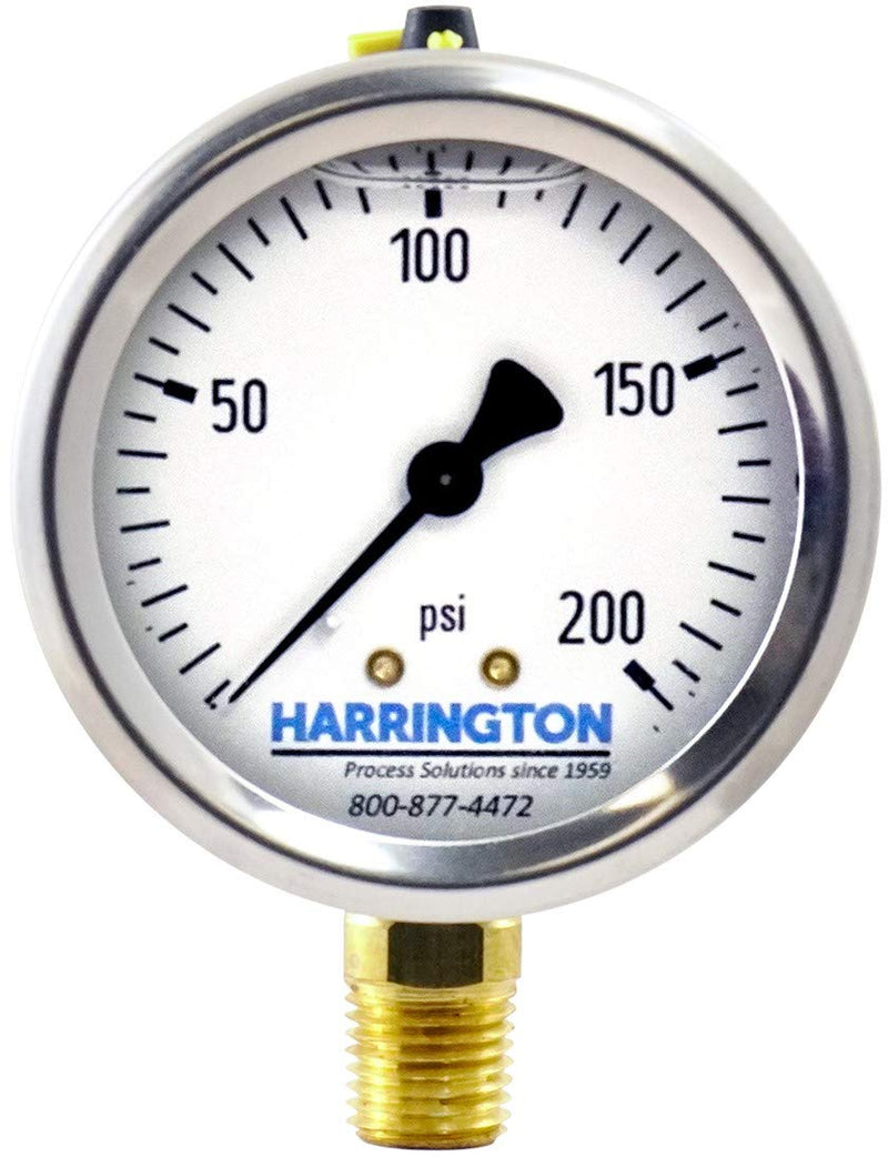 [Australia - AusPower] - Harrington 52895689 2-1/2" Liquid Filled Pressure Gauge 0/200 psi 304 Stainless Steel with Vented Fill Plug 1/4" NPT Bottom Mount Industrial Grade A +/- 2/1/2% Accuracy ASME B40.100 Model 213.53 