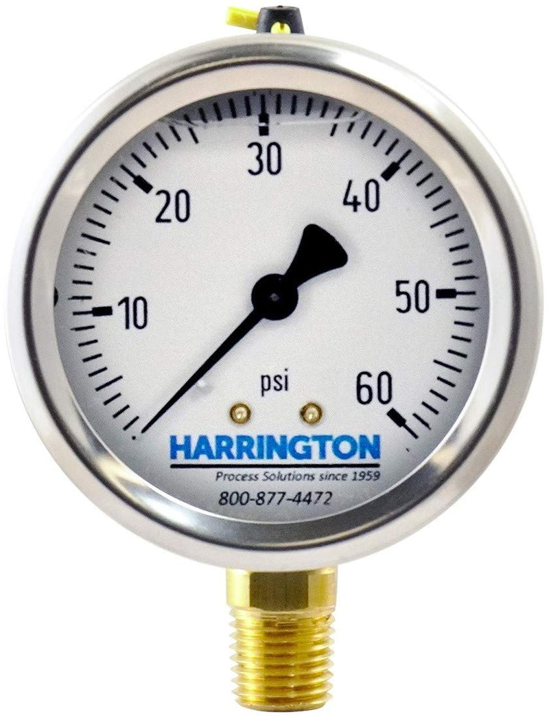 [Australia - AusPower] - Harrington 52894974 2-1/2" Liquid Filled Pressure Gauge 0/60 psi 304 Stainless Steel with Vented Fill Plug 1/4" NPT Bottom Mount Industrial Grade A +/- 2/1/2% Accuracy ASME B40.100 Model 213.53 