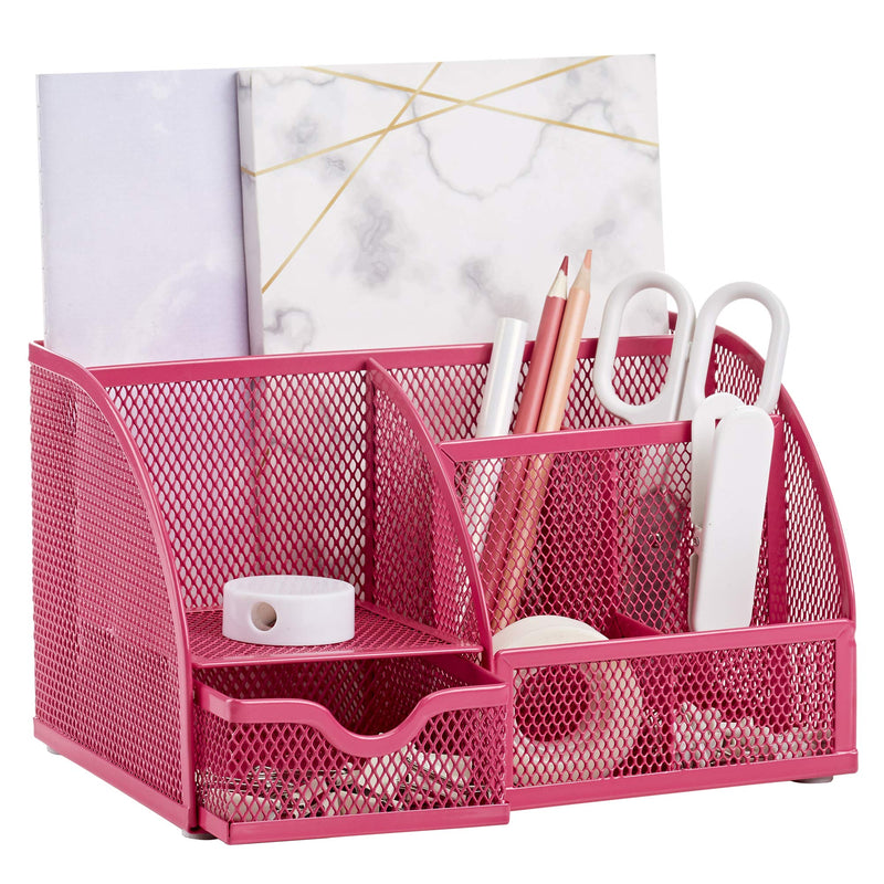 [Australia - AusPower] - Annova Mesh Desk Organizer Office with 7 Compartments + Drawer/Desk Tidy Candy/Pen Holder/Multifunctional Organizer - Pink - Fuchsia 
