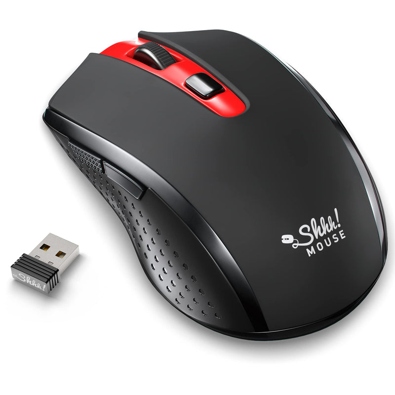 [Australia - AusPower] - ShhhMouse Silent Wireless Mouse for Laptop - Optical Cordless Computer Mice with USB – Quiet Click, 3 DPI Levels of Sensitivity, Side Buttons - Portable for PC, Chromebook [Black & Red] Black & Red 