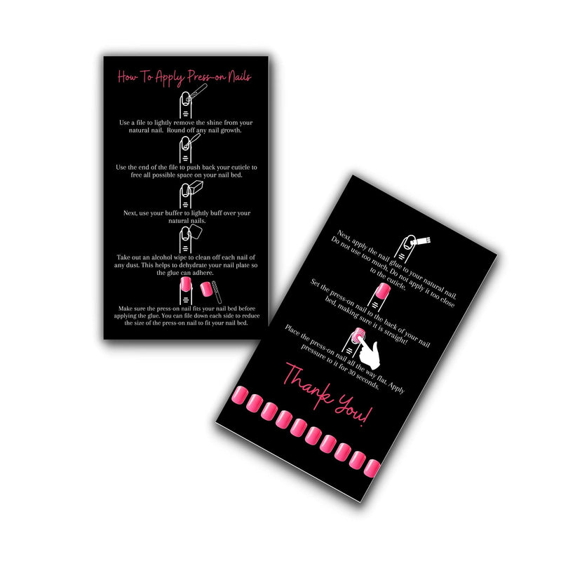 [Australia - AusPower] - Press-On Nail Application Instructions Cards | 50 Pack | 2x3.5" inch Business Card Size | DIY Press-On Nail Kit | Black and Pink Design 
