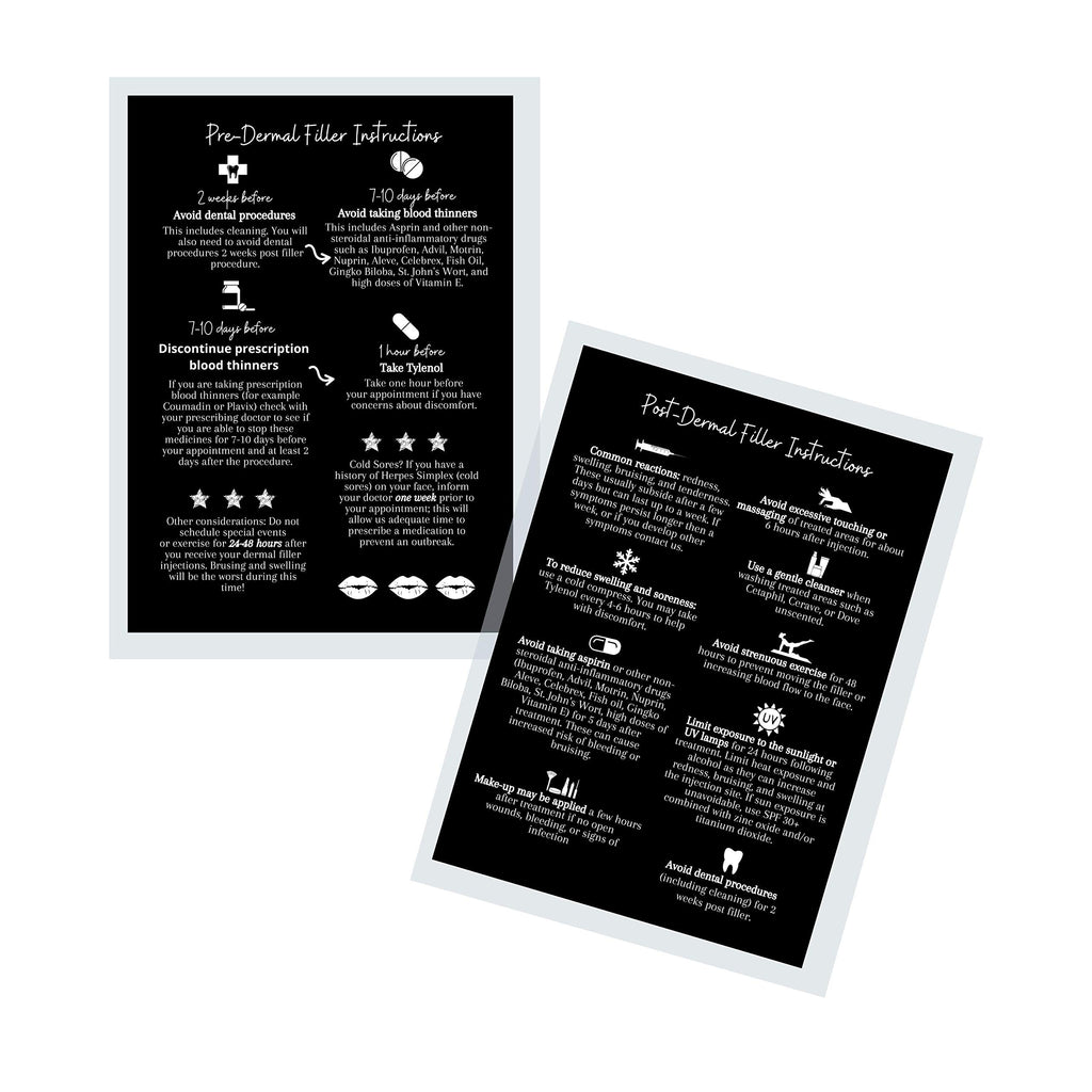 [Australia - AusPower] - Dermal Filler Pre and Post Injection Care Instructions Card | 30 Pack | 5x7” inches large Post Card Size | Dermal Filler Injections Black with White Icons Design 