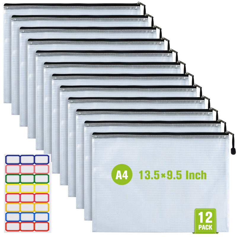 [Australia - AusPower] - 12 Pcs Plastic Mesh Zip File Bags, Waterproof Tear-Resistant Document File Folders, A4 Size Zipper Documents Pouch Document Organizer Bags for School Office Home Travel Storage(13.5×9.5Inch) Black A4(13.5×9.5Inch) 