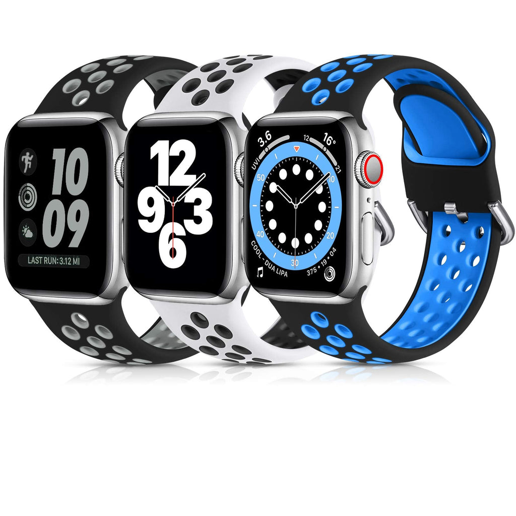 [Australia - AusPower] - Lerobo 3 Pack Compatible for Apple Watch Band 44mm 42mm 45mm 41mm 40mm 38mm, Soft Silicone Strap Breathable Replacement Sport Bands for Apple Watch SE Series 7 6 5 4 3 2 1 Men Women,42mm/44mm/45mm-M/L Black Blue/Black Gray/White Black 42mm/44mm/45mm M/L 