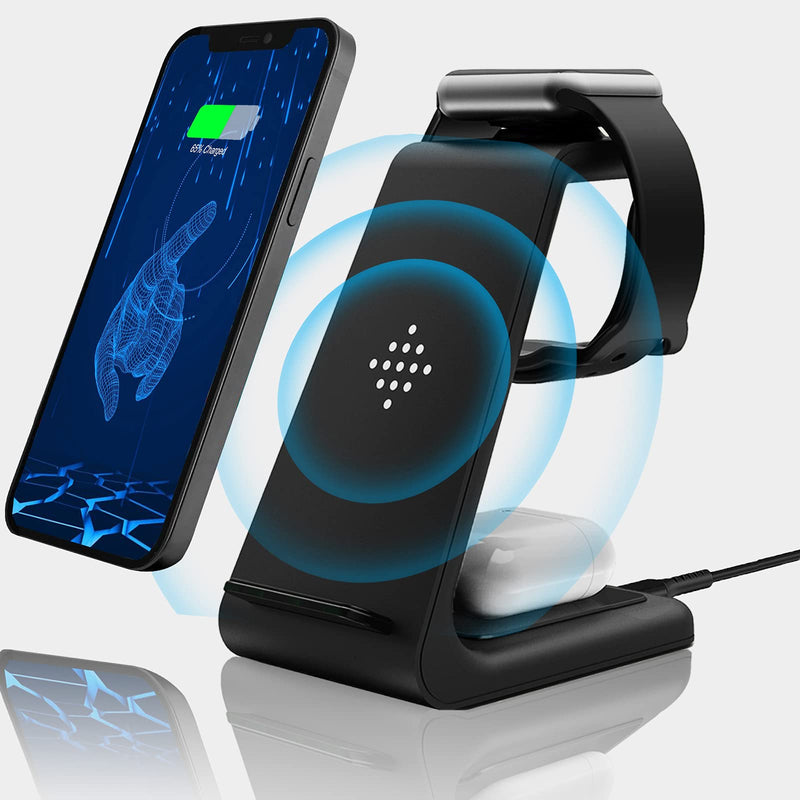 [Australia - AusPower] - Wireless Charging Station, EALEK 3 in 1 Wireless Charger Stand, 15W Fast Wireless Charging for Apple, Compatible with iWatch SE/6/5/4/3/2, AirPods 2/Pro, iPhone 13/12/11/XR/X/8(Black) black 