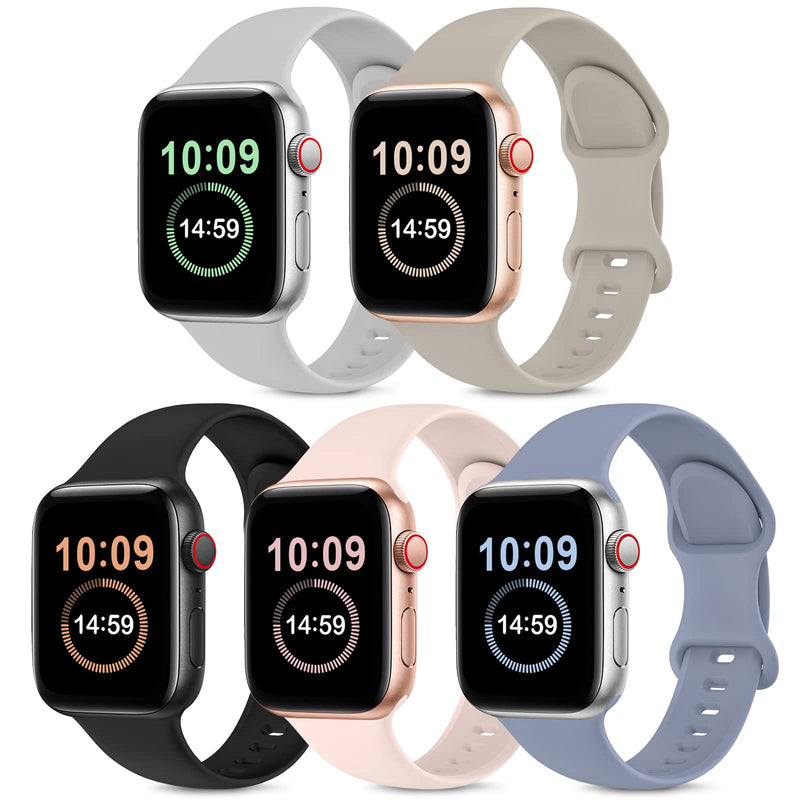 [Australia - AusPower] - 5 Pack Bands Compatible with Apple Watch Band 38mm 40mm 41mm 42mm 44mm 45mm, Soft Silicone Sport Strap Compatible with iWatch Series 7 6 5 4 3 2 1 SE Women Men PinkSand/Stone/Lavender Gray/Black/Gray 38mm/40mm/41mm S/M 