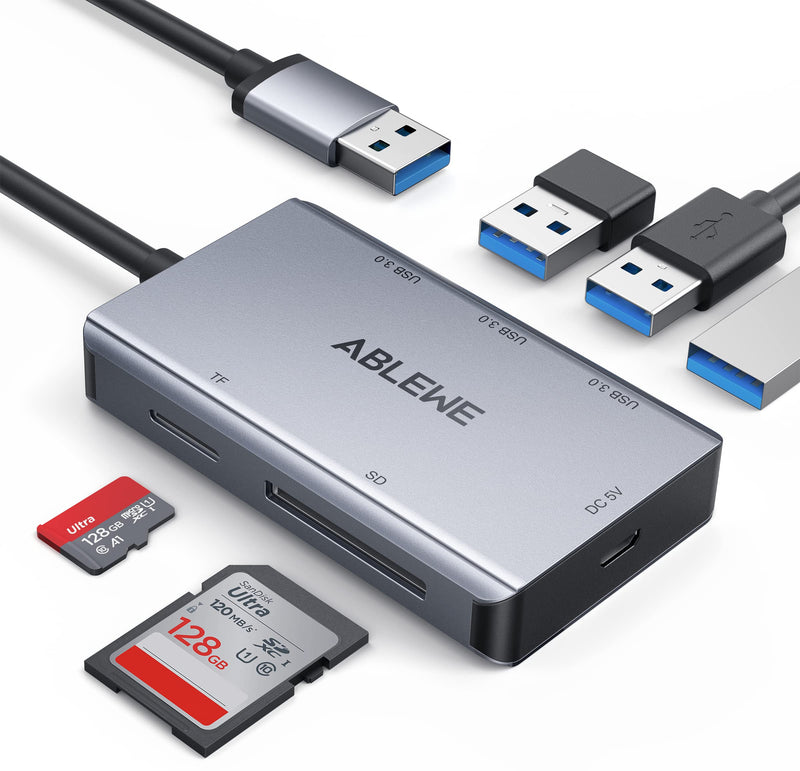 [Australia - AusPower] - 5-in-1 SD Card Reader,ABLEWE 3-Port USB 3.0 Multi-Card Reader with SD/TF Card Readers Compatible for Windows Mac Linux 
