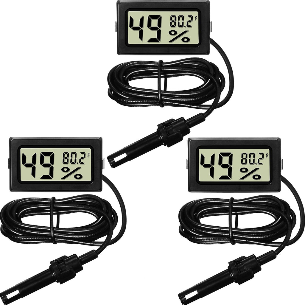 [Australia - AusPower] - 3 Mini Digital Thermometer Hygrometer with Probe Indoor Temperature Humidity Meter Gauge LCD Fahrenheit Display Hygrometer Thermometer Gauge for Incubator Reptile Plant Terrarium Greenhouse 3 Black 