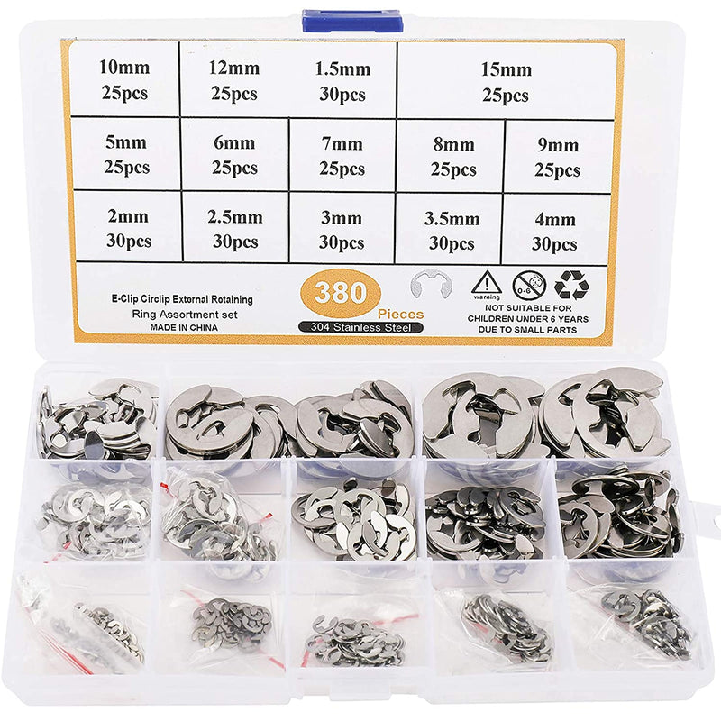 [Australia - AusPower] - Toolly 380Pcs 304 Stainless Steel E Clip Washer Assorted Kit, Circlip External Retaining Ring for Shaft Fastener, 14 Sizes Silver 