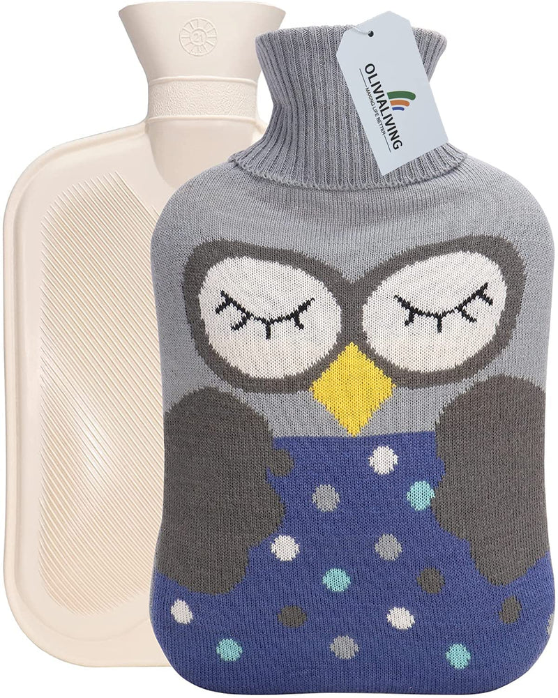 [Australia - AusPower] - OliviaLiving Hot Water Bag Hot Water Bottle 2 Liter Heat Up and Refreezable Hot Cold Pack with Knit Cover for Pain Relief Hot Cold Therapy, Cartoon Owl Gray 