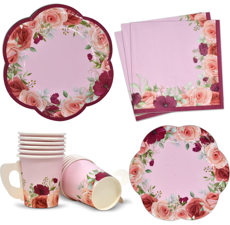 [Australia - AusPower] - 24 Disposable Tea Cups and Saucers Sets Floral Design 7" Flower Scallop Shaped Plates 24 5" Saucer Paper Plate 24 5 oz. Tea Cup with Handle 48 Lunch Napkins for Spring Wedding Birthday Party Supplies 