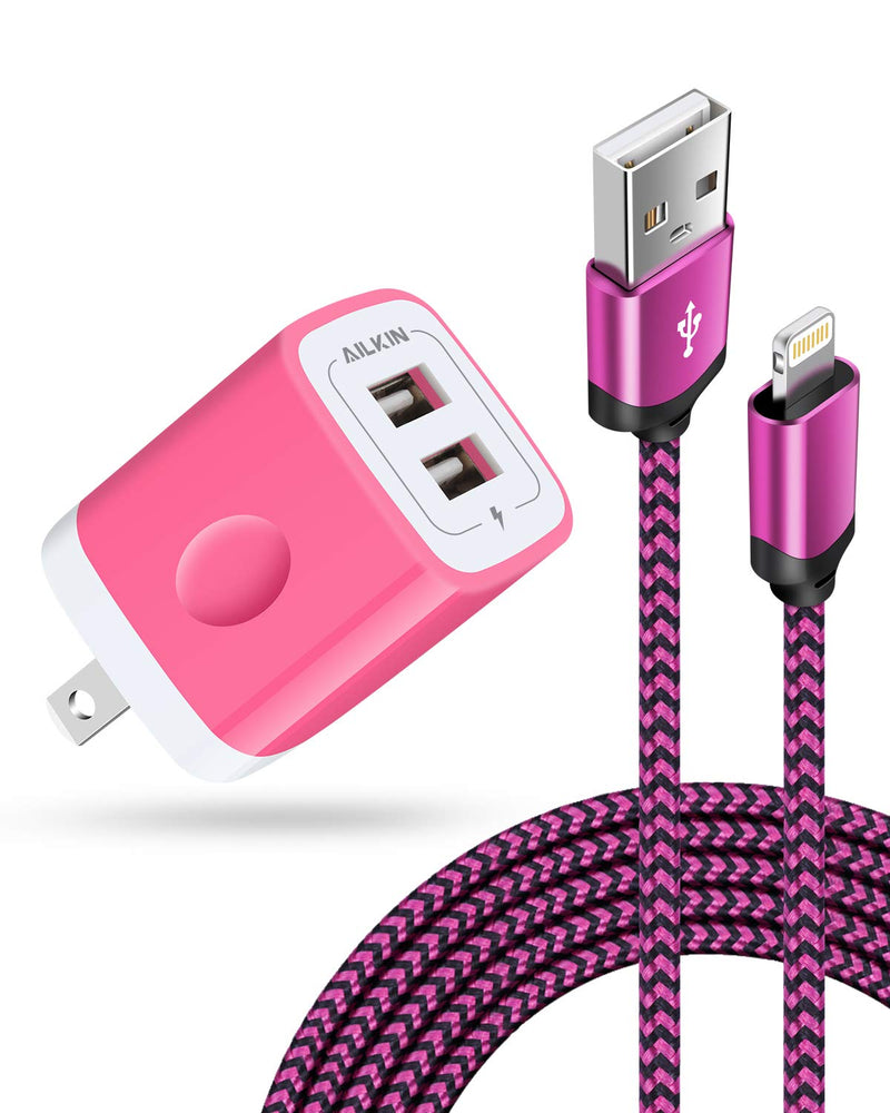 [Australia - AusPower] - [Apple MFI Certified] iPhone Charger for 12/12 Mini/12 Pro/12 Pro Max/SE/11/11 Pro/11Pro Max/XS/XR/8/7/6s, iPad, iPod, AILKIN Fast Charging Braided Cable with USB Wall Charger, Dual USB Block 6ft Cord pink 