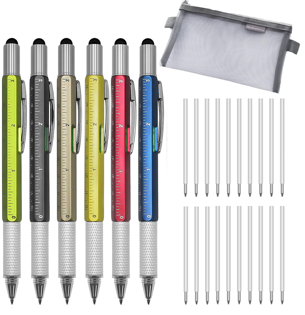 [Australia - AusPower] - Multitool Pen, 6 Pieces 6 in 1 Multifunctional Stylus Pen with Ballpoint Pen, Touch Screen Stylus, Level,Ruler, Flat Head and Cross Screwdriver and 20 Refills with a  File Pocket for Men (1.0 mm) 