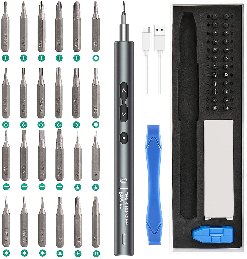 [Australia - AusPower] - AMIR Electric Screwdriver (Newest) 28 IN 1 Cordless Mini Power Precision Screwdriver Set with 24 Bits, Rechargeable Portable Magnetic Repair Tool Kit with LED Lights for Phones Watch Jewelers Laptops Silver 
