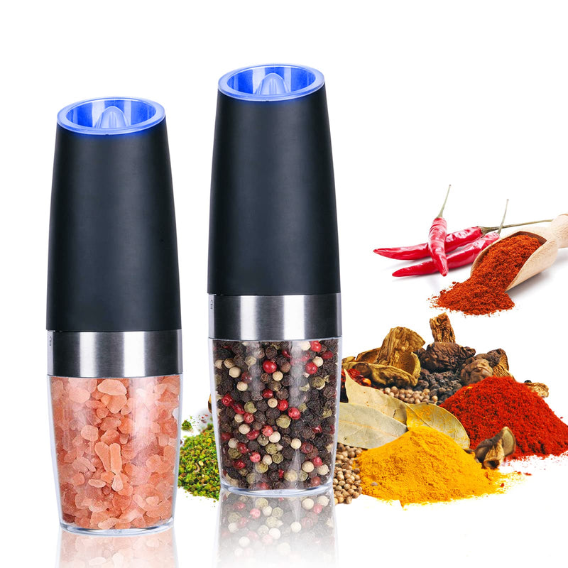 [Australia - AusPower] - Electric Salt and Pepper Grinder Set, Gravity Sensor, Automatic Pepper Mill, One Hand Operation, Battery-Operated with Adjustable Coarseness, Blue Led Light (Black 2 Pack) Black 2P 