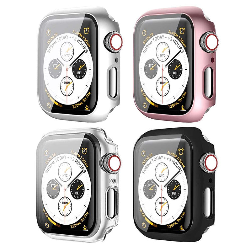 [Australia - AusPower] - [4 Pack] BOTOMALL Hard PC Case with Tempered Glass Screen Protector Compatible for Apple Watch Series 6/5/4/SE Full Coverage Bumper Slim Guard Cover for iWatch Women Men 40mm black/clear/silver/rose gold 