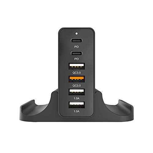 [Australia - AusPower] - Multi Ports USB Charger Station 75W Desktop/Travel Use 6 USB Ports Charging Hub with Smart IC, Wall Fast Charger with USB-C PD 65W and QC 3.0 18W, Compatible with Smartphone, Tablet, Laptop and More 