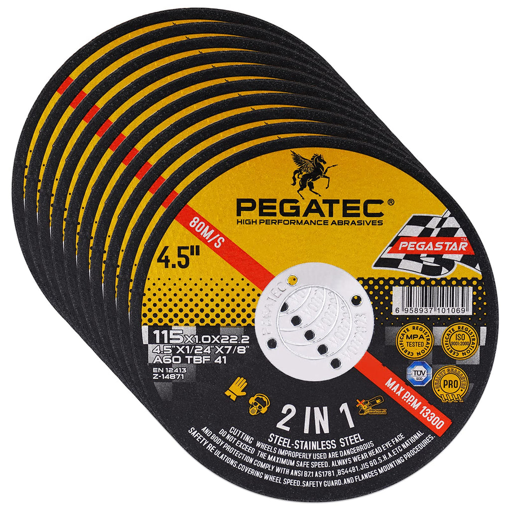 [Australia - AusPower] - PEGATEC Cut Off Wheels 10 Pack, Quality Thin 4 1/2 x0.04x7/8 inch Cutting Disc, Metal & Stainless Steel Aggressive Cutting Wheel for Angle Grinder, General Purpose Metal Cutting (4.5inch) 