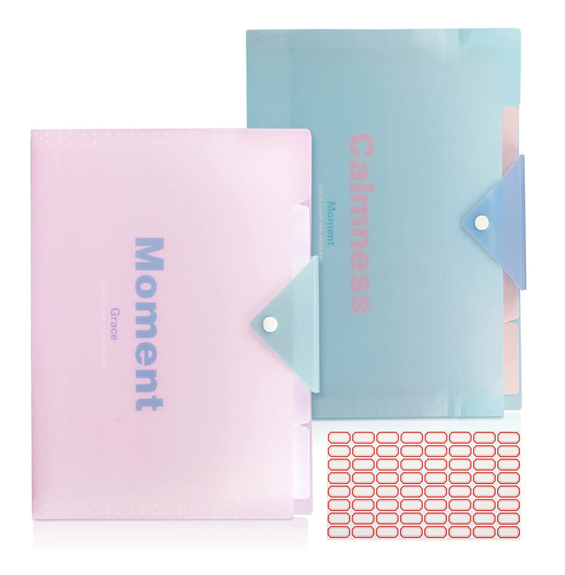[Australia - AusPower] - 2 Pack Accordian File Organizer, Expanding File Folders with 64pcs Labels, 5 Pockets with Snap Closure, A4/Letter Size Accordion Document Organizer File Jackets for School Office Supplies Pink+blue A4 Size 