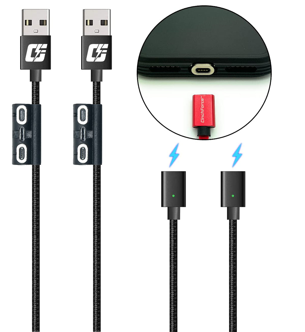 [Australia - AusPower] - CinchForce Flat Magnetic 3-in-1 Data/Charging Cable with Flat Magnetic Adapters and Tip Storage Holder, Compatible with Type-C, iProduct, Micro-USB, Updated for 2021-2 Pack (10ft/10ft) Black 