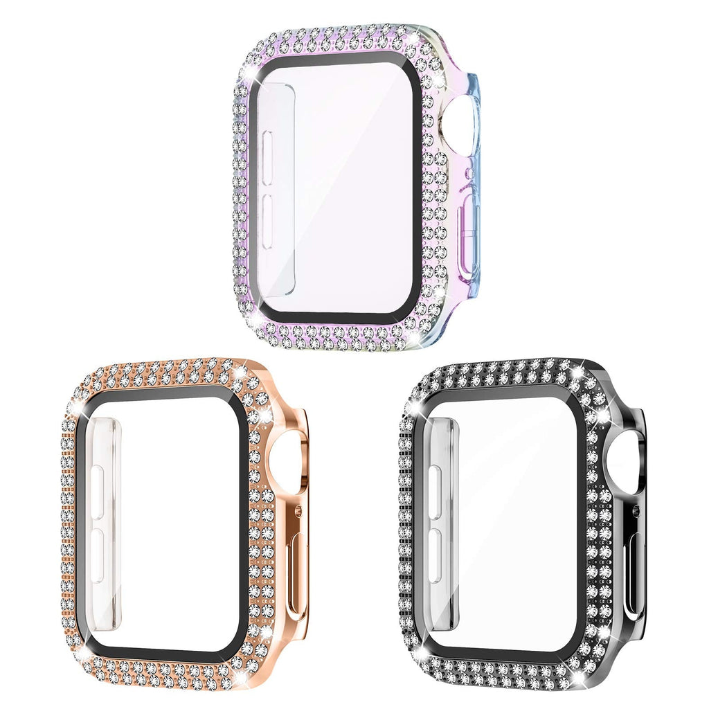 [Australia - AusPower] - Recoppa 3 Pack Compatible for Apple Watch Case 38mm with Screen Protector, Bling Cover Double Diamonds Rhinestone Bumper Protective Frame for iWatch Series 3/2/1 Girl Women 38mm 38 mm black/rosegold/colorful 