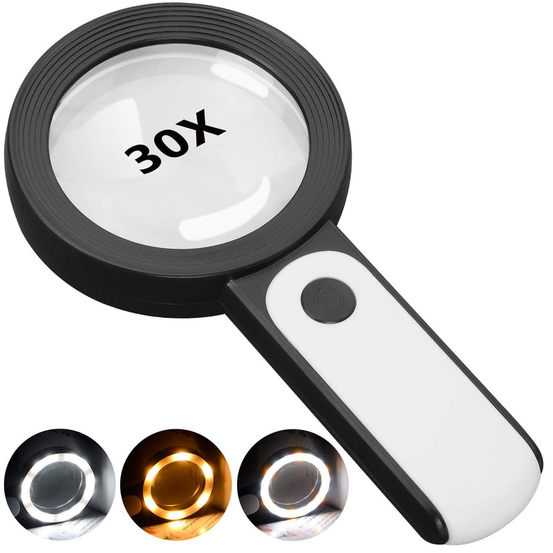 [Australia - AusPower] - JMH Magnifying Glass with Light, 30X Handheld Large Magnifying Glass 18LED Cold and Warm Light with 3 Modes, Illuminated Lighted Magnifier for Seniors Reading, Inspection, Coins, Jewelry, Exploring Black 