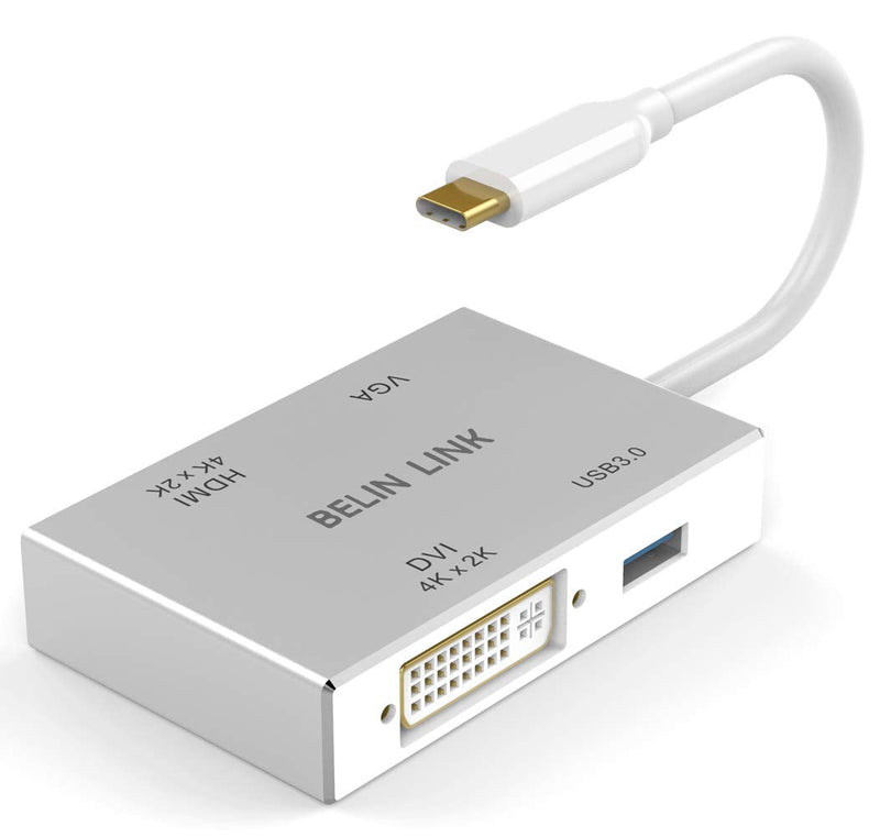 [Australia - AusPower] - BELIN LINK USB C to HDMI DVI VGA USB 3.0 Adapter,USB 3.1 Type-C 4in1 Hub to HDMI DVI 4K VGA USB Adaptor Converter (Thunderbolt 3 Compatible), USB-C Adapter for MacBook/MacBook Pro air/Surface pro TC 4IN1 
