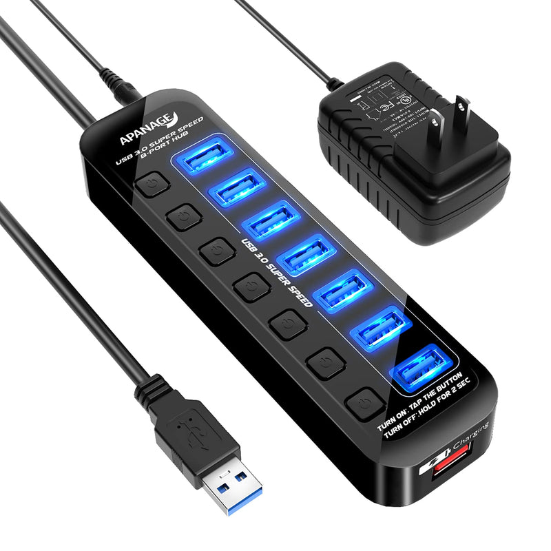 [Australia - AusPower] - Apanage Powered USB 3.0 Hub, 8 Port USB 3.0 Hub Splitter with 7 USB 3.0 Data Ports and 1 Smart Charging Port with Individual On/Off and 5V/4A Power Adapter USB Extension for MacBook, Mac Pro… Black 