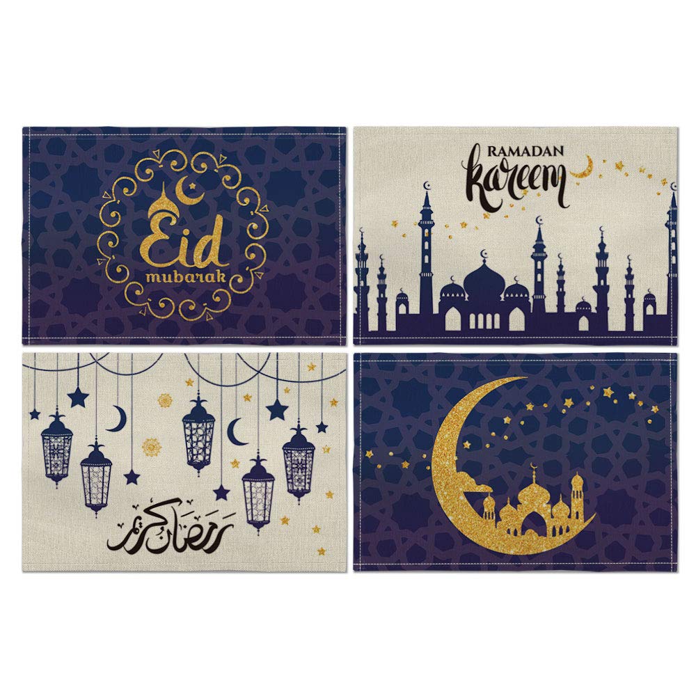 [Australia - AusPower] - Artoid Mode Ramadan Kareem Placemat for Dining Table, 12 x 18 Inch Eid Mubarak Moon Lamp Star Church Holiday Rustic Washable Table Mat Set of 4 