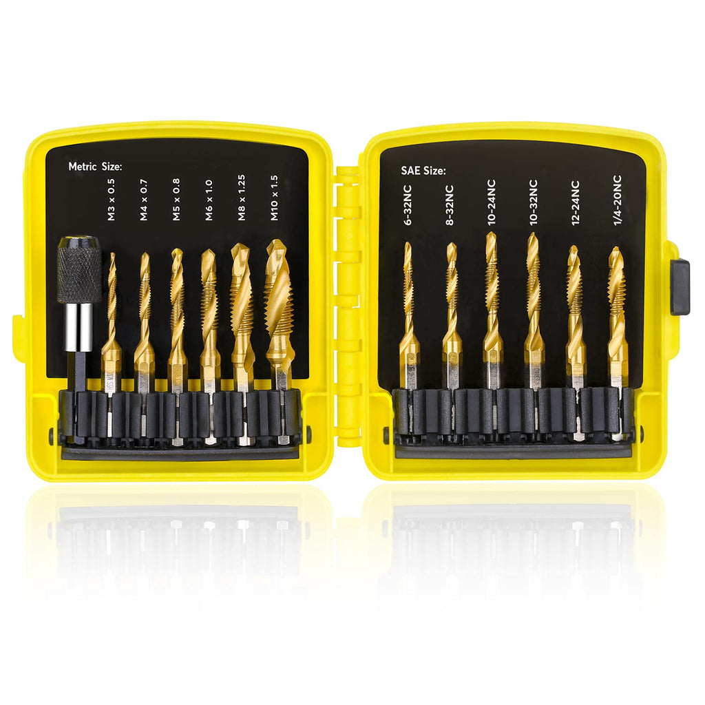 [Australia - AusPower] - TOPEC Tap Bit Set, 3-in-1 HSS Titanium Coated Drill Tap Combination for Titanium Coated Drill Tap Combination, 13 PCS SAE/Metric threading tap drill bit set with 1/4 Inch Hex Shank, and Quick-Change Adapter 
