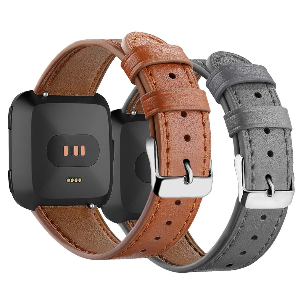 [Australia - AusPower] - 2 Pack BOTNUW Leather Bands Compatible with Fitbit Versa 2 Bands/Versa Bands/Fitbit Versa SE/Versa Lite Wristbands Fitness Smart Watch, Soft Replacement Leather Strap Bands for Women Men gray&brown 