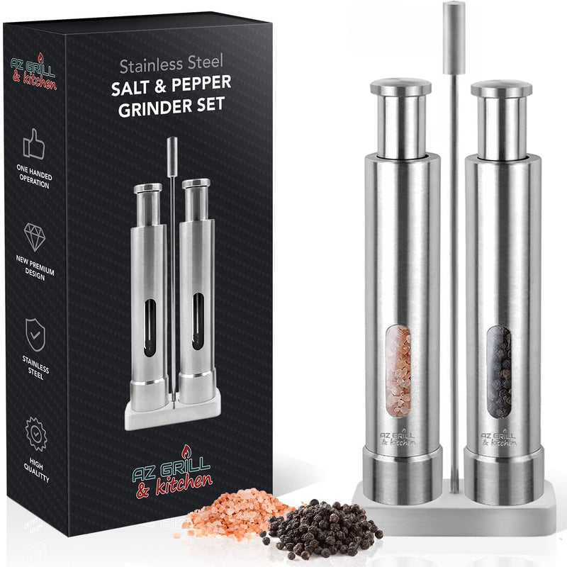 [Australia - AusPower] - Salt and Pepper Grinder Set - Refillable Stainless Steel Mill Shakers Mini with Push Button - Portable Modern One Hand Travel for Himalayan Pink Sea Salt Black Peppercorns Spice by AZ-GRILL & kitchen 