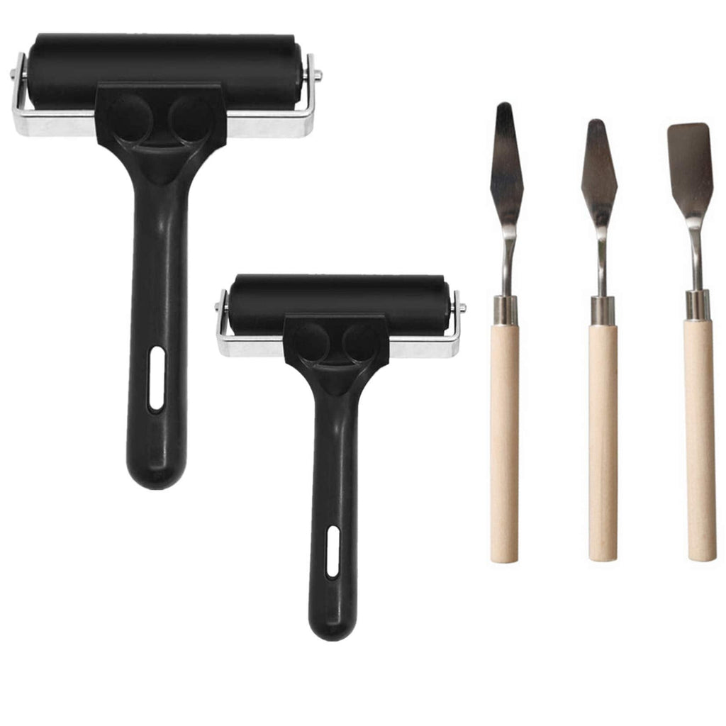 [Australia - AusPower] - Accfore 2 Pack Soft Rubber Brayer with 3 Spatula,Rubber Glue Roller for Printmaking Ink Paint Block Stamping Gluing Wallpaper and Arts & Crafts,2.4 inch and 4 inch,Black 