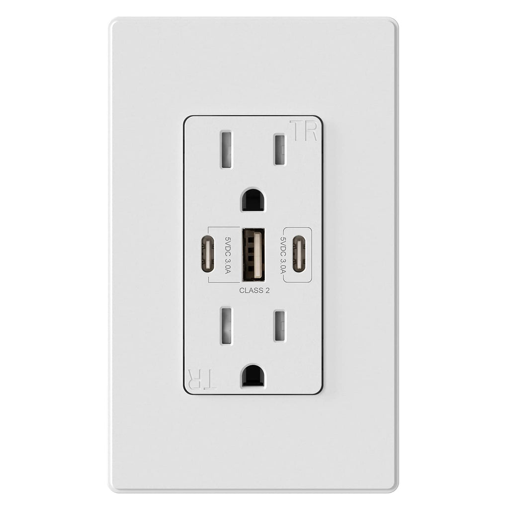 [Australia - AusPower] - ELEGRP 30W 6.0 Amp 3-Port USB Wall Outlet, 15 Amp Receptacle with Dual USB Type C and Type A Ports, USB Charger for iPhone, iPad, Samsung and Android Devices, UL Listed, with Wall Plate, 1 Pack, White 15 Amp Outlet 