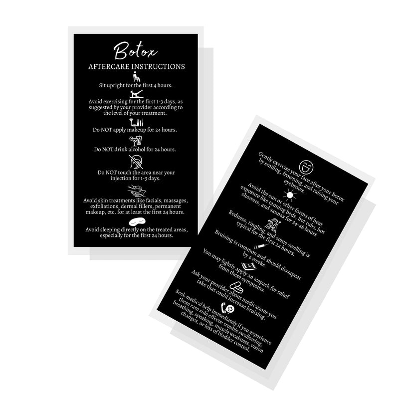 [Australia - AusPower] - Botox Filler Injection Aftercare Instruction Card | 50 Pack | Physical Printed 2x3.5” inches Business Card Size | Black with White Design 