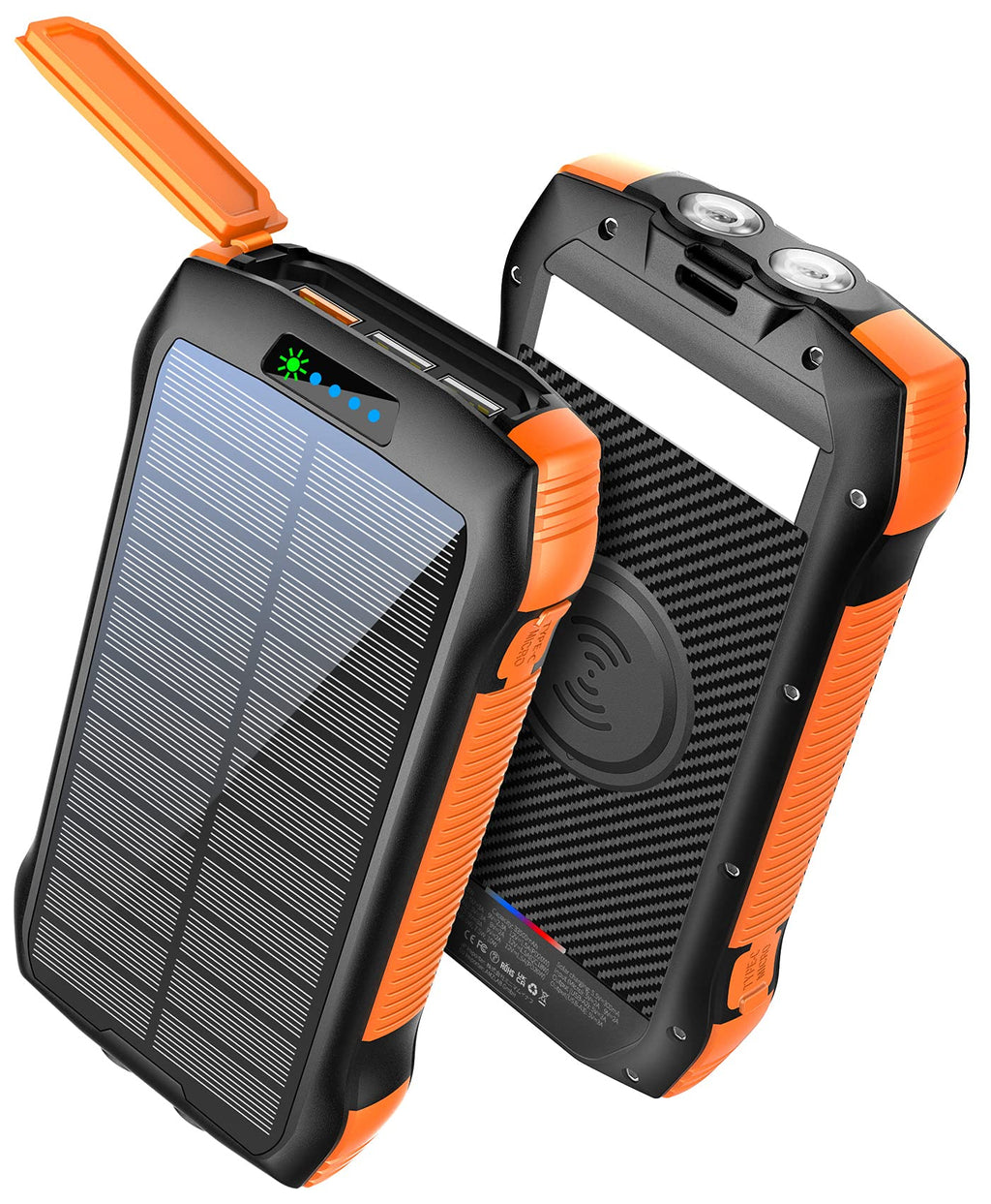 [Australia - AusPower] - Solar Power Bank, MOSKIZ Portable Charger 33500mAh QC3.0 18W PD 20W Fast Charging, External Battery 10W Wireless 5 Outputs IP67 Waterproof 6W Bright Flashlight for iPhone Android 