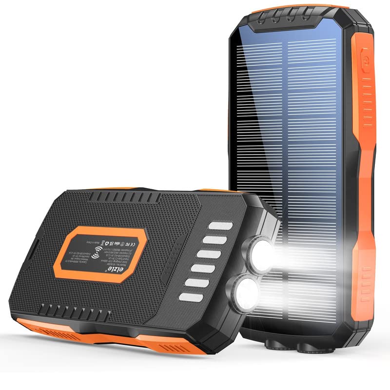 [Australia - AusPower] - Solar Power Bank, elzle Portable Charger 30000mAh Dual 5V 2.1A USB Outputs, 10W Wireless Charging IPX5 Waterproof 6W Super Bright Flashlight, External Battery Pack for Cell Phones 