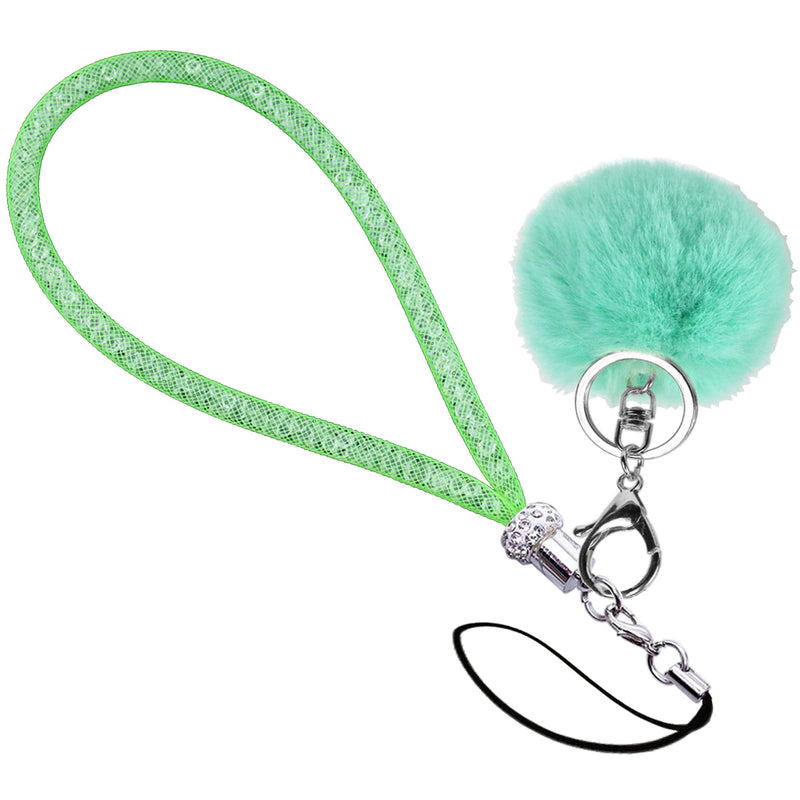 [Australia - AusPower] - Lanyard with Pompom and Fishnet Tube Filled with Sparkly Rhinestones,Bling Wrist Strap for Phone,Camera,ID Badge and USB Key,Short-Green Green Short 