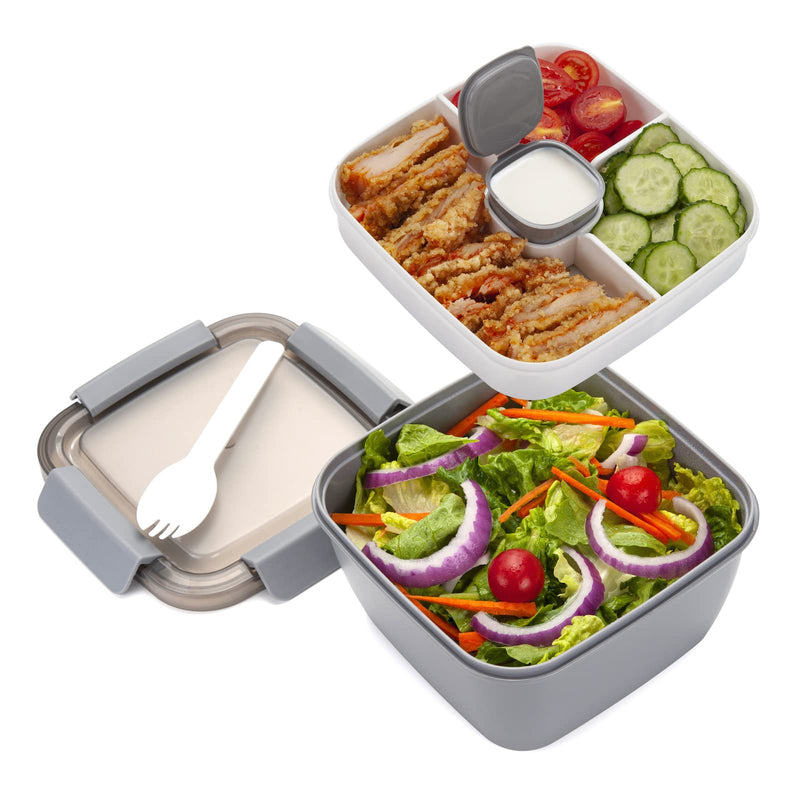 [Australia - AusPower] - Freshmage Salad Lunch Container To Go, 52-oz Salad Bowls with 3 Compartments, Salad Dressings Container for Salad Toppings, Snacks, Men, Women (Grey) Gray 