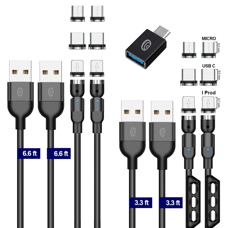 [Australia - AusPower] - Premium Magnetic USB Cables [4 Pack] - (2 x 3.3ft and 2 x 6.6ft Cables, 1 Adapters x USB A to Type C, 2 x tip Holders, & 12 Tips) - AGG 5-Pin) Micro/Android/I Product - Fast Data and Charge - Black 
