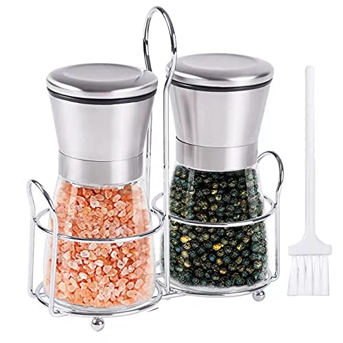 [Australia - AusPower] - 2-Piece Salt and Pepper Grinder Set With Stainless Steel Bracket, Adjustable Thickness Manual Reloadable Grinder, With Ceramic Blade and Brushed Stainless Steel Countertop 