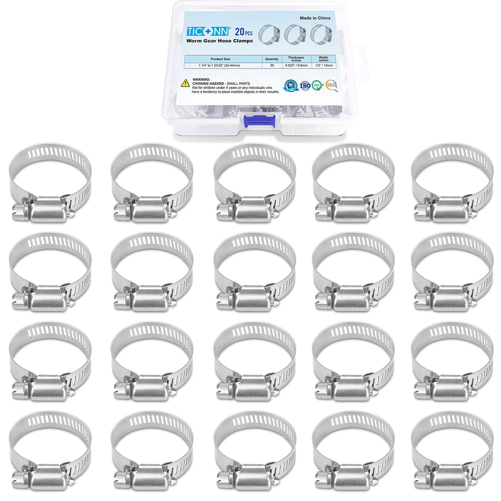 [Australia - AusPower] - TICONN 20PCS Hose Clamp Set - 1-1/4'' – 1-23/32'' 304 Stainless Steel Worm Gear Hose Clamps for Pipe, Intercooler, Plumbing, Tube and Fuel Line 1-1/4''–1-23/32'' 