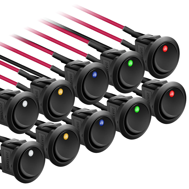 [Australia - AusPower] - APIELE Rocker Toggle Switch 20 cm Pre-Wired DC 12V 20A ON-Off with Dot Light SPST 3 Pins 2 Position 10Pcs KCD2-102N-Wired (Multicolored) 10PCS Pre-wired Multi 