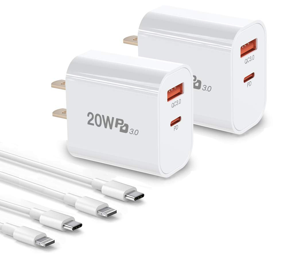 [Australia - AusPower] - iPhone Charger Fast Charging,2 Pack 20W Dual-Port Wall Charger Plug with 6FT Cables, PD/QC3.0 USB C Power Adapter for iPhone 12,12 Mini,12 Pro Max,iPhone 11 Pro Max, iPad Pro, AirPods Pro and More 2P-Cable-White 