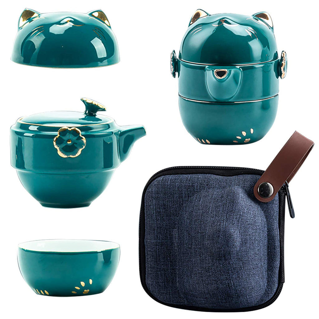 [Australia - AusPower] - Portable Ceramic Tea Cup Set: Lucky Cat Porcelain Teapot Set with Tea Strainer - Lids and 1 Shockproof Storage Case - Suitable for Travel - Outdoor Picnic - Office Work - Home - Green 